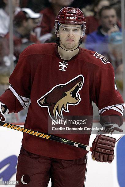 Zbynek Michalek of the Phoenix Coyotes looks on during the NHL game against the San Jose Sharks at the Jobing.com Arena on December 7, 2007 in...