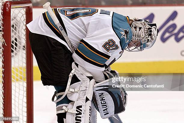 Evgeni Nabokov of the San Jose Sharks protects the goal during the NHL game against the Phoenix Coyotes at the Jobing.com Arena on December 7, 2007...