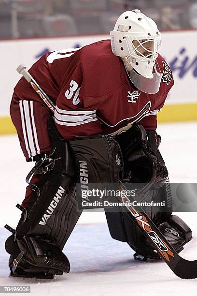 Ilya Bryzgalov of the Phoenix Coyotes protects the goal during the NHL game against the San Jose Sharks at the Jobing.com Arena on December 7, 2007...