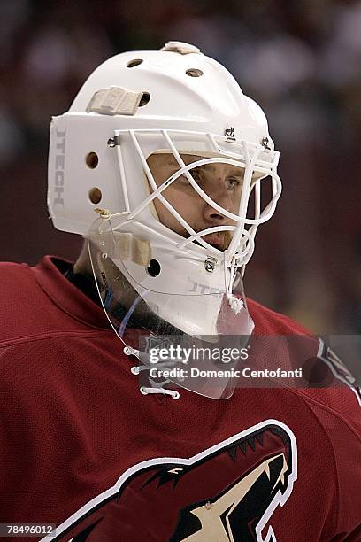 Ilya Bryzgalov of the Phoenix Coyotes looks on during the NHL game against the San Jose Sharks at the Jobing.com Arena on December 7, 2007 in...