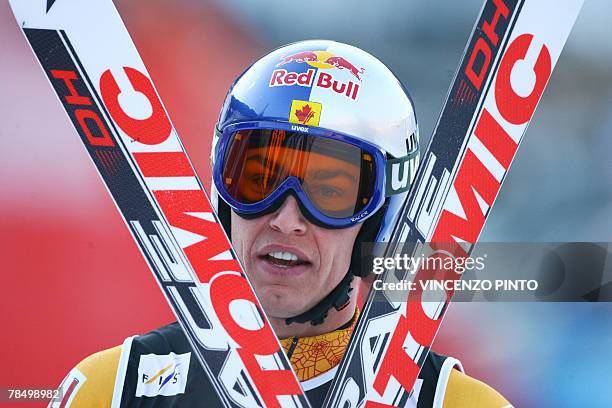 Canadian Erik Gay celebrates on finish area of the Mens FIS Alpine World Cup Downhill event in Val Gardena, 15 December 2007. Guay placed 4th as...