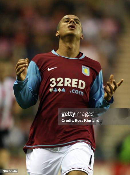Gabriel Agbonlahor of Aston Villa reacts during the Barclays Premier League match between Sunderland nad Aston Villa at The Stadium of Light on...