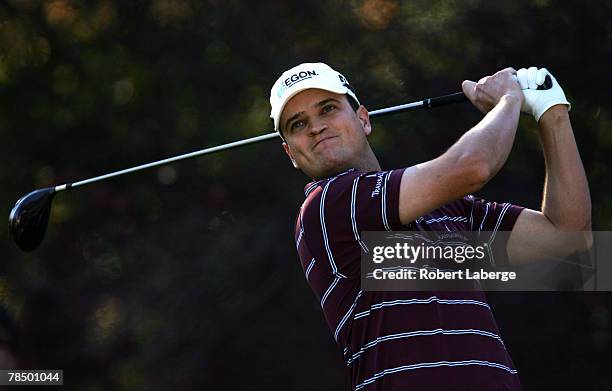 Zach Johnson makes a tee shot on the second hole during the third round of the Target World Challenge at the Sherwood Country Club on December 15,...