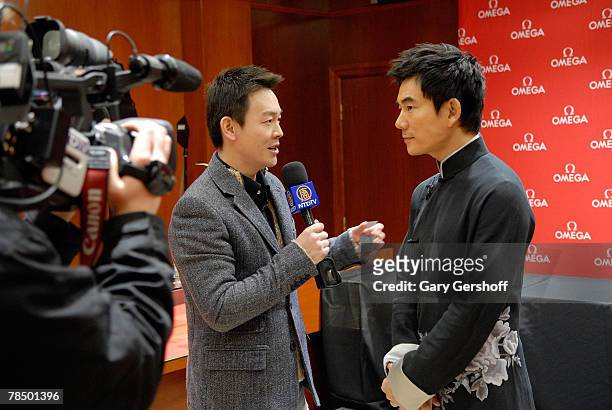Musical pop star and Omega Ambassador Richie Jen does a one on one interview following his press conference at the Carat & Karat store on December...