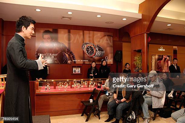 Musical pop star and Omega Ambassador Richie Jen speaks during a press conference at the Carat & Karat store on December 15, 2007 in the Flushing...