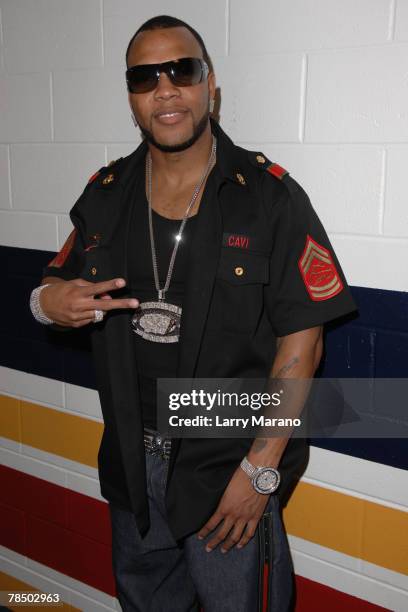 Rapper Flo Rida poses backstage at the Y100 Jingle Ball at the Bank Atlantic Center on December 15, 2007 in Sunrise, Florida.