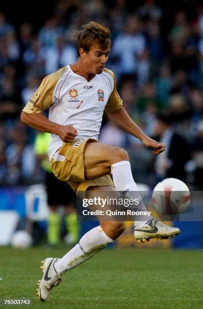 Joel Griffiths of the Jets kicks for goal during the round 17 A-League match between the Melbourne Victory and the Newcastle Jets at the Telstra Dome...