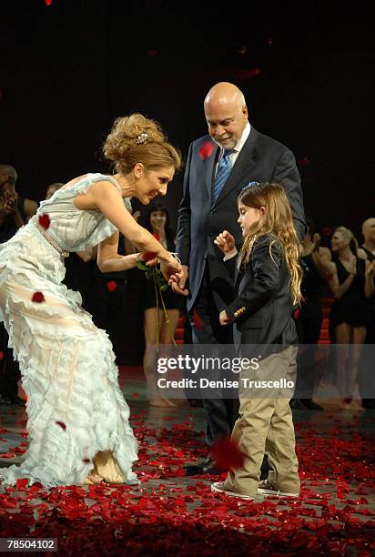 Singer Celine Dion, Rene Angelil and Rene Charles Angelil at Celine's final show after five years at The Colosseum at Caesars Palace on December 15,...