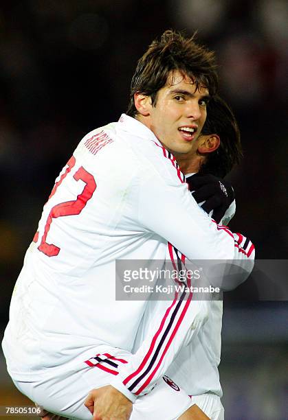 Philippo Inzaghi of AC Milan celebrates his second goal and AC Milan's fourth with his teammate Kaka after the win the FIFA Club World Cup final...