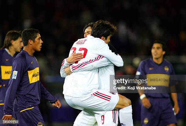 Philippo Inzaghi celebrates his second goal and AC Milan's fourth with his teammate Kaka during the FIFA Club World Cup final between Boca Juniors...