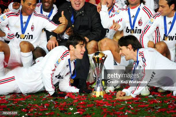 Philippo Inzaghi and Kaka of AC Milan kiss the trophy after the win the FIFA Club World Cup final between Boca Juniors and AC Milan at the...