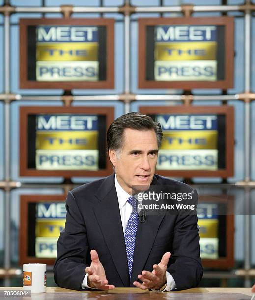 Republican U.S. Presidential hopeful and former Massachusetts Governor Mitt Romney speaks as he is interviewed during a taping of "Meet the Press" at...