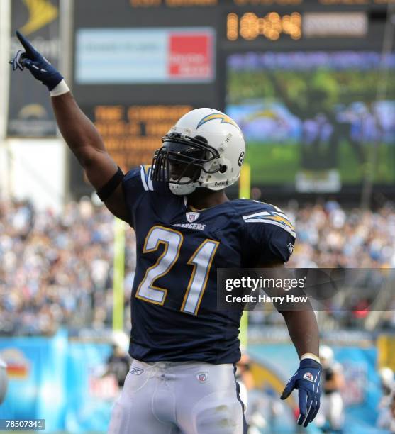 LaDainian Tomlinson of the San Diego Chargers celebrates a touchdown for a 7-0 lead against the Detroit Lions during the first quarter at Qualcomm...