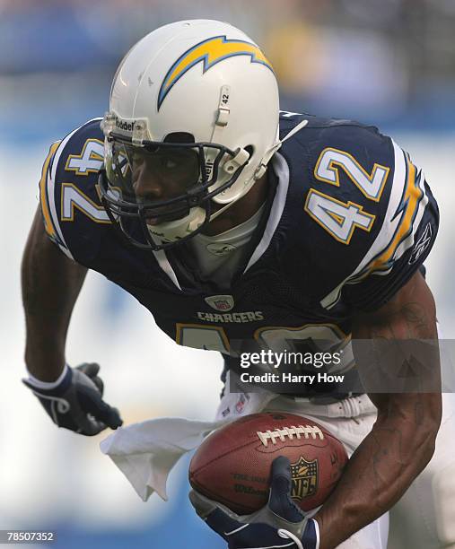 Clinton Hart of the San Diego Chargers makes an interception against the Detroit Lions during the first quarter at Qualcomm Stadium December 16, 2007...
