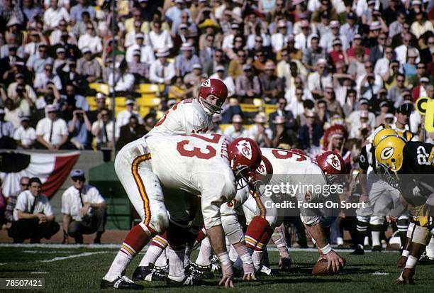 January 15, 1967: Quarterback Len Dawson of the Kansas City Chiefs is under center against the Green Bay Packers during Super Bowl I at the Los...