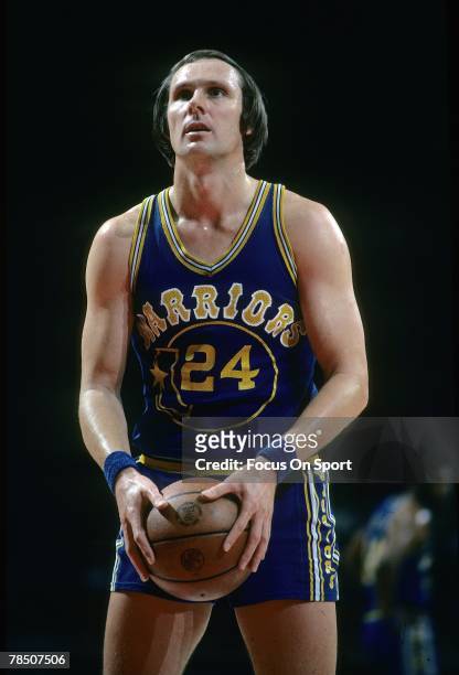 Rick Barry of the Golden State Warriors at the free throw line during a mid circa 1970's NBA basketball game. Barry played for the Warriors from 1972...