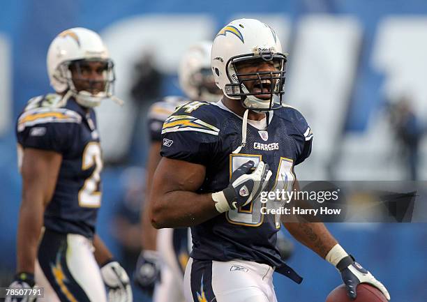 Stephen Cooper of the San Diego Chargers celebrates his interception against the Detroit Lions during the fourth quarter at Qualcomm Stadium December...