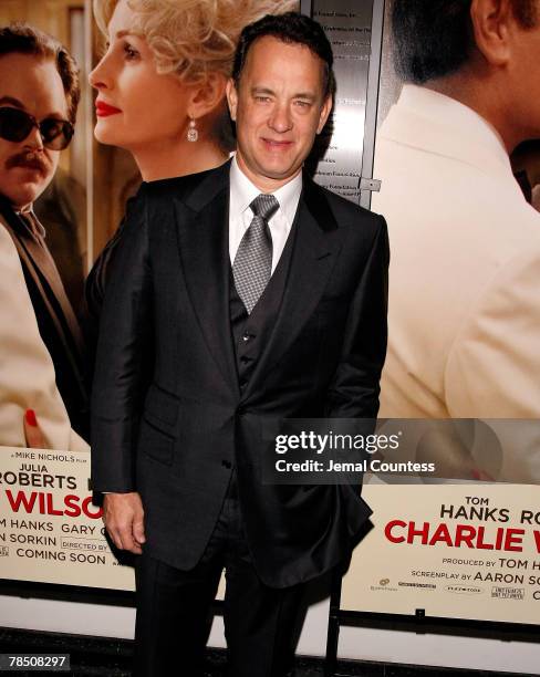 Actor Tom Hanks arrives at the New York Premiere of "Charlie Wilson's War" at the Museum of Modern Art on Decmebr 16, 2007 in New York City