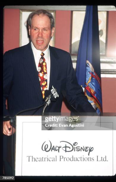 Disney chairman Michael Eisner speaks at a press conference August 19, 1996 in New York City. Disney president Michael Ovitz and Eisner announced the...