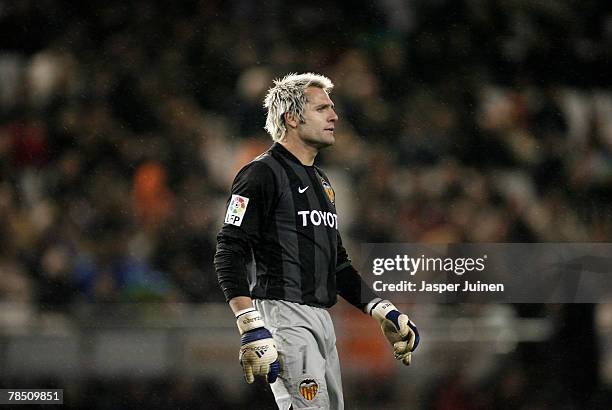 Santiago Canizares of Valencia reacts during the La Liga match between Valencia and Barcelona at the Mestalla Stadium on December 15, 2007 in...