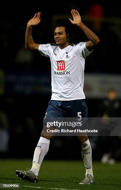 Younes Kaboul of Spurs celebrates at the final whistle during the Barlcays Premiership match between Portsmouth and Tottenham Hotspur at Fratton Park...