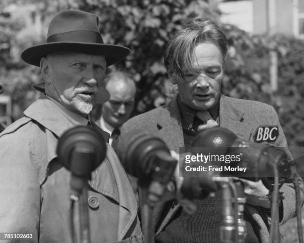 South African soldier and statesman Jan Smuts speaking into radio microphones on his arrival at Northolt Airport, London, 7th June 1948. Smuts, who...