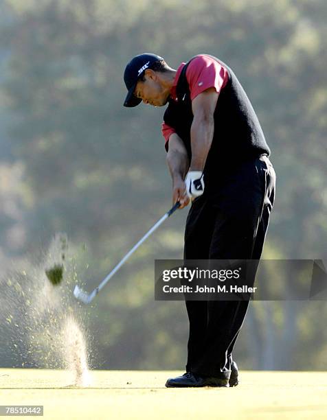 Tige rWoods hits a drive on the 18th fairway in the final round of play in the Target World Challenge at Sherwood Country Club on December 16, 2007...