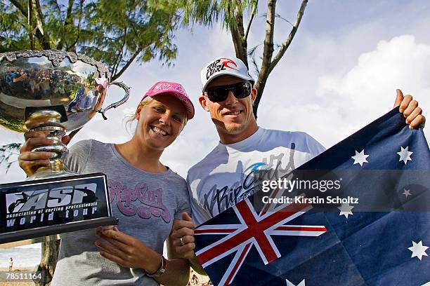 Men's and Women's World Champions Stephanie Gilmore of Australia and Mick Fanning of Australia pose at an impromptu press conference at the Banzai...