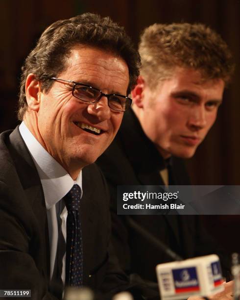 New England manager Fabio Capello speaks to the media with the aid of a translator during an FA Press Conference held at the Royal Lancaster Hotel on...