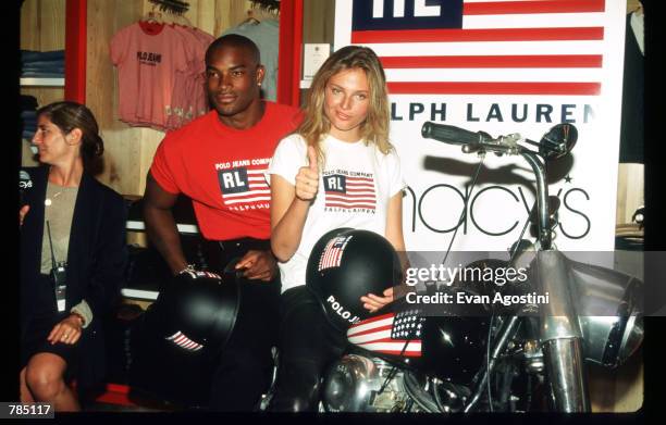 Supermodels Bridget Hall and Tyson Beckford launch Polo Jeans Company's new creation called "easy rides" at Macy's August 22, 1996 in New York City....