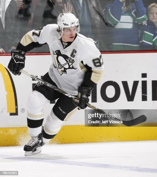 Sidney Crosby of the Pittsburgh Penguins skates up ice during their game against the Vancouver Canucks at General Motors Place on December 8, 2007 in...