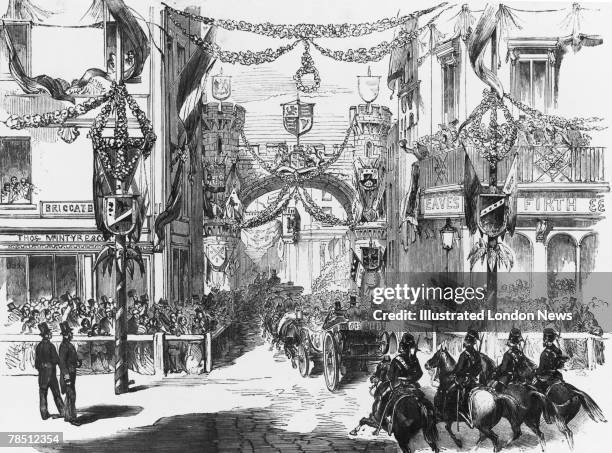 The royal procession makes its way down Boar Lane during Queen Victoria's visit to open the new town hall in Leeds, 1858. Original publication:...