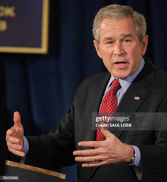 President George W. Bush speaks on the economy at Yak-A-Doos at Holiday Inn Fredericksburg in Fredericksburg, Virginia, 17 December 2007. AFP...