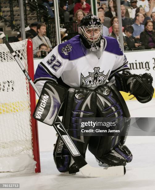 Jon Quick of the Los Angeles Kings tends goal against the Dallas Stars during the game at the American Airlines Center on December 13, 2007 in...