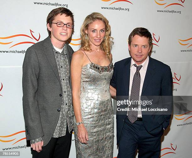 Actor Michael J. Fox , son Sam Fox and wife and actress Tracy Pollan arrive to "A Funny Thing Happened On The Way to Cure Parkinson's", benefitting...