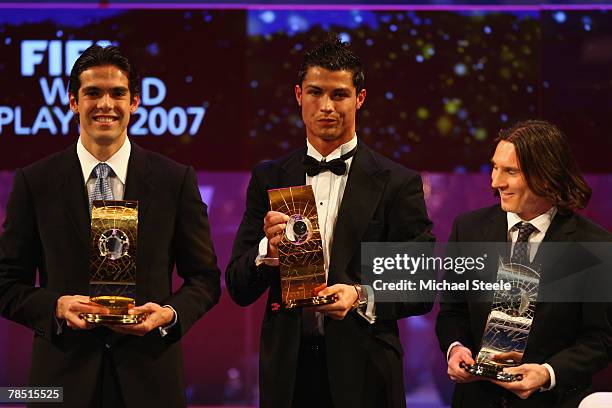Kaka of AC Milan and Brazil winner of World Player,Cristiano Ronaldo third placed, of Manchester United and Portugal and Lionel Messi runner up of...