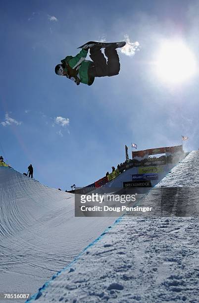 Luke Mitrani of the USA competes during the finals of the Chevrolet U.S. Snowboard Grand Prix in the Freeway Half Pipe on December 15, 2007 in...