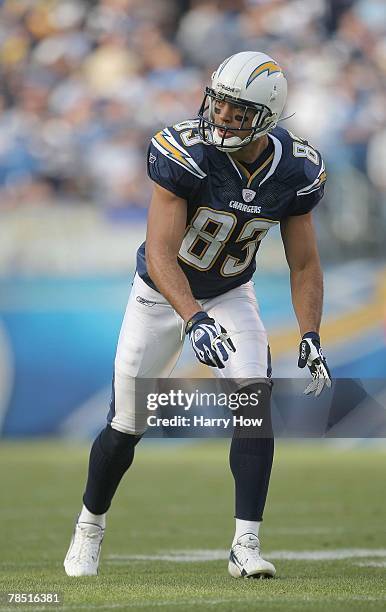 Vincent Jackson of the San Diego Chargers stands at the line of scrimmage against the Detroit Lions on December 16, 2007 at Qualcomm Stadium in San...