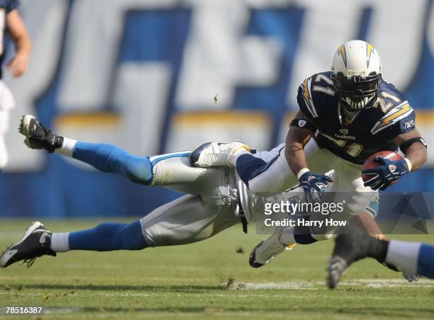 LaDainian Tomlinson of the San Diego Chargers runs for a gain against the Detroit Lions on December 16, 2007 at Qualcomm Stadium in San Diego,...