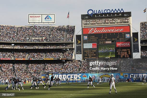 General view of the scoreboard as Philip Rivers of the San Diego Chargers passes against the Detroit Lions during the game at Qualcomm Stadium on...