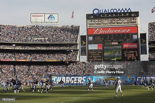 General view of the scoreboard as Philip Rivers of the San Diego Chargers passes against the Detroit Lions during the game at Qualcomm Stadium on...