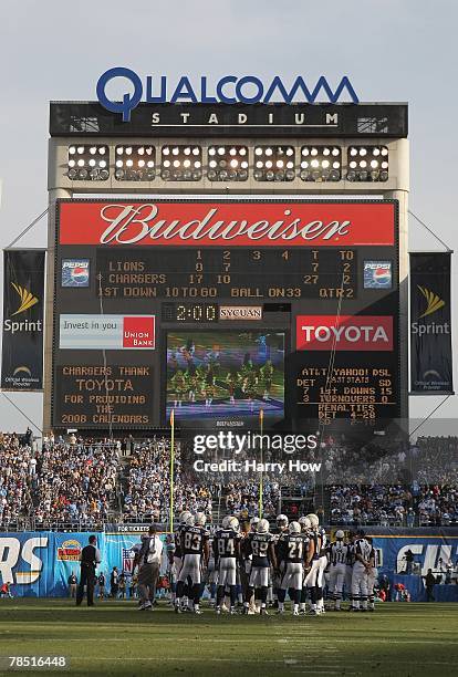 General view of the scoreboard as the San Diego Chargers offense huddles before the snap against the Detroit Lions during the game at Qualcomm...