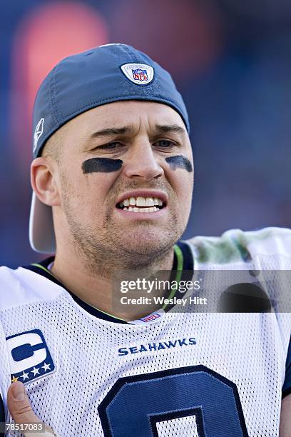 Matt Hasselbeck of the Seattle Seahawks on the sidelines during their game against the Carolina Panthers at Bank of America Stadium on December 16,...