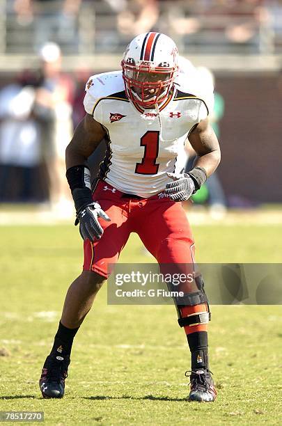 Erin Henderson of the Maryland Terrapins lines up at the line of scrimmage against the Florida State Seminoles November 17, 2007 at Doak Campbell...