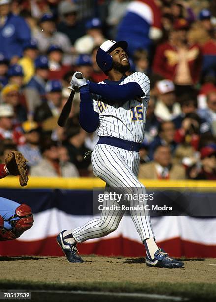 Cecil Cooper of the Milwaukee Brewers batting during Game 4 of the 1982 World Series against the St. Louis Cardinals on October 16, 1982 in...
