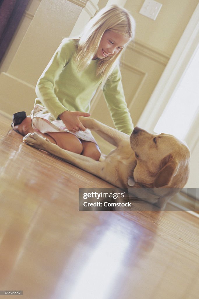 Girl petting dog