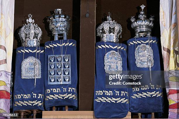 torah scrolls in altar - scroll pattern stock pictures, royalty-free photos & images