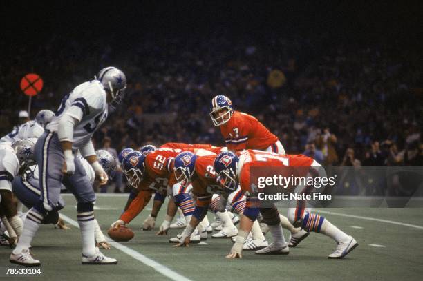 Quarterback Craig Morton and the Denver Broncos offense lines up against the Dallas Cowboys defense in Super Bowl XI at the Superdome on January 15,...