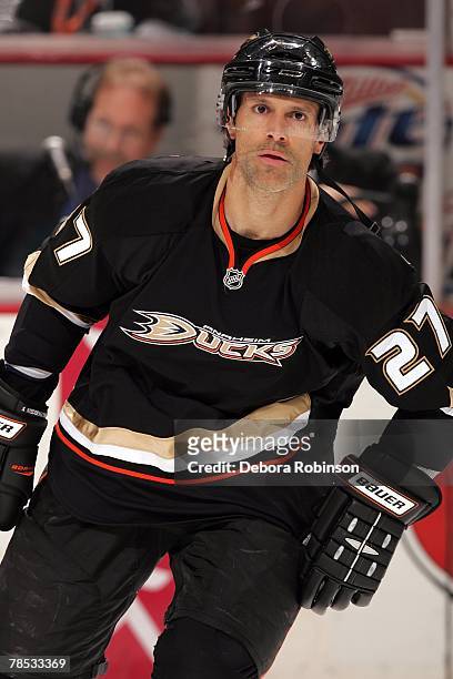 Scott Niedermayer of the Anaheim Ducks as he skates during warmups prior to the game against San Jose Sharks at the Honda Center December 16, 2007 in...