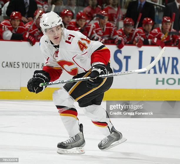 Rookie Dustin Boyd of the Calgary Flames skates hard during their game against the Carolina Hurricanes on December 14, 2007 at RBC Center in Raleigh,...